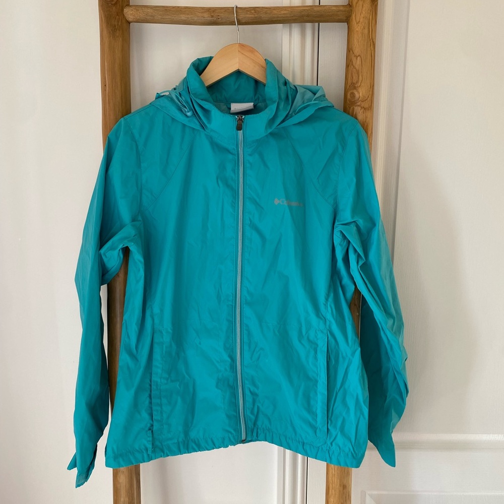 Columbia Women Teal Hooded Lightweight Windbreaker Rain Jacket Size L Switchback